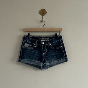 Red Camel Embellished Denim Mini Shorts Rhinestone Embroidered | Women’s Size 7